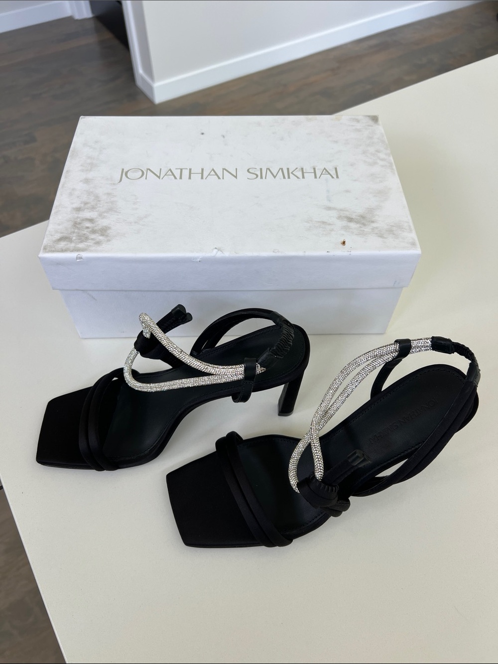 Jonathan Simkhai Cassie crystal strappy open toe sandal heel black and silver 38